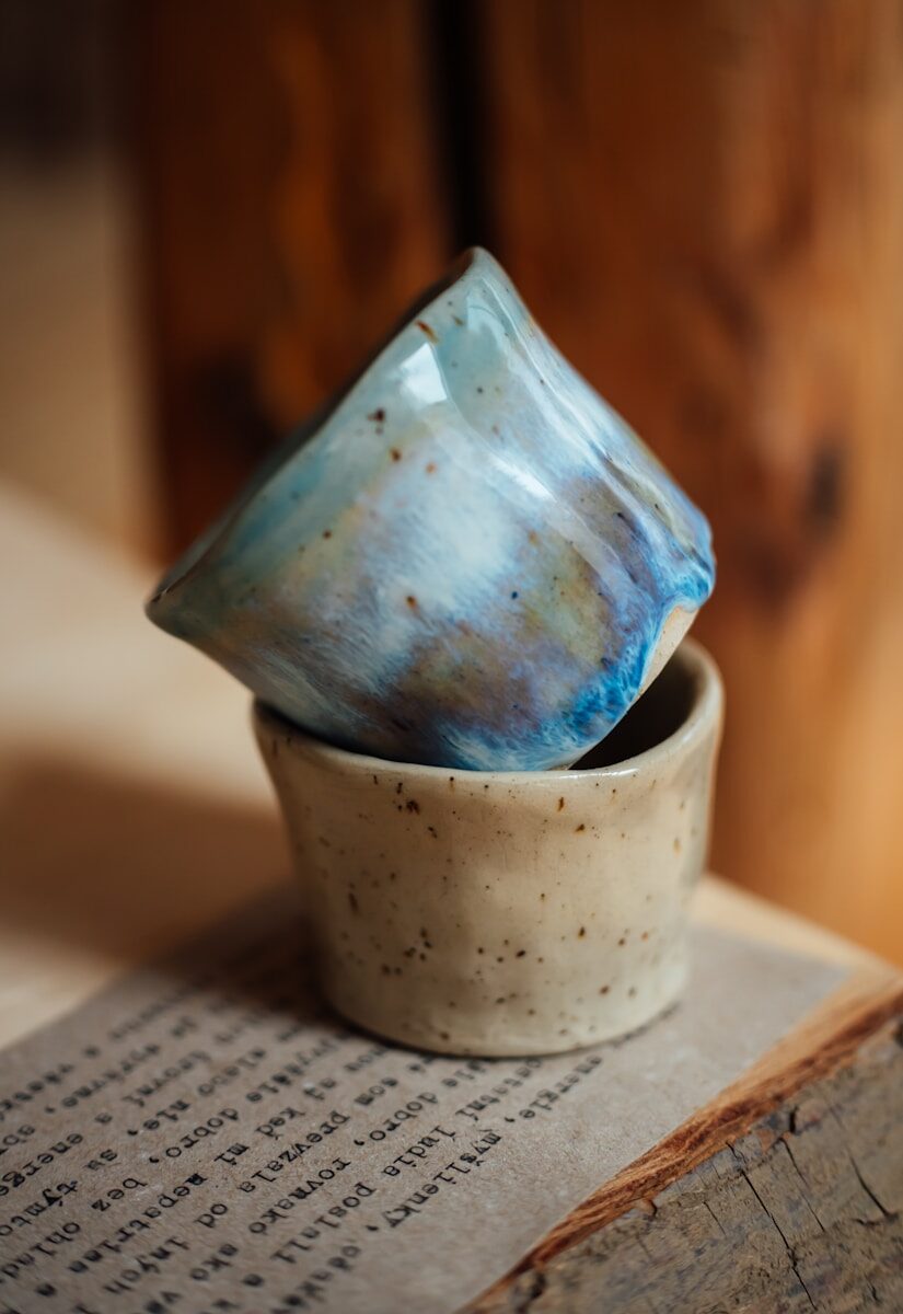 A blue and white cup sitting on top of an open book